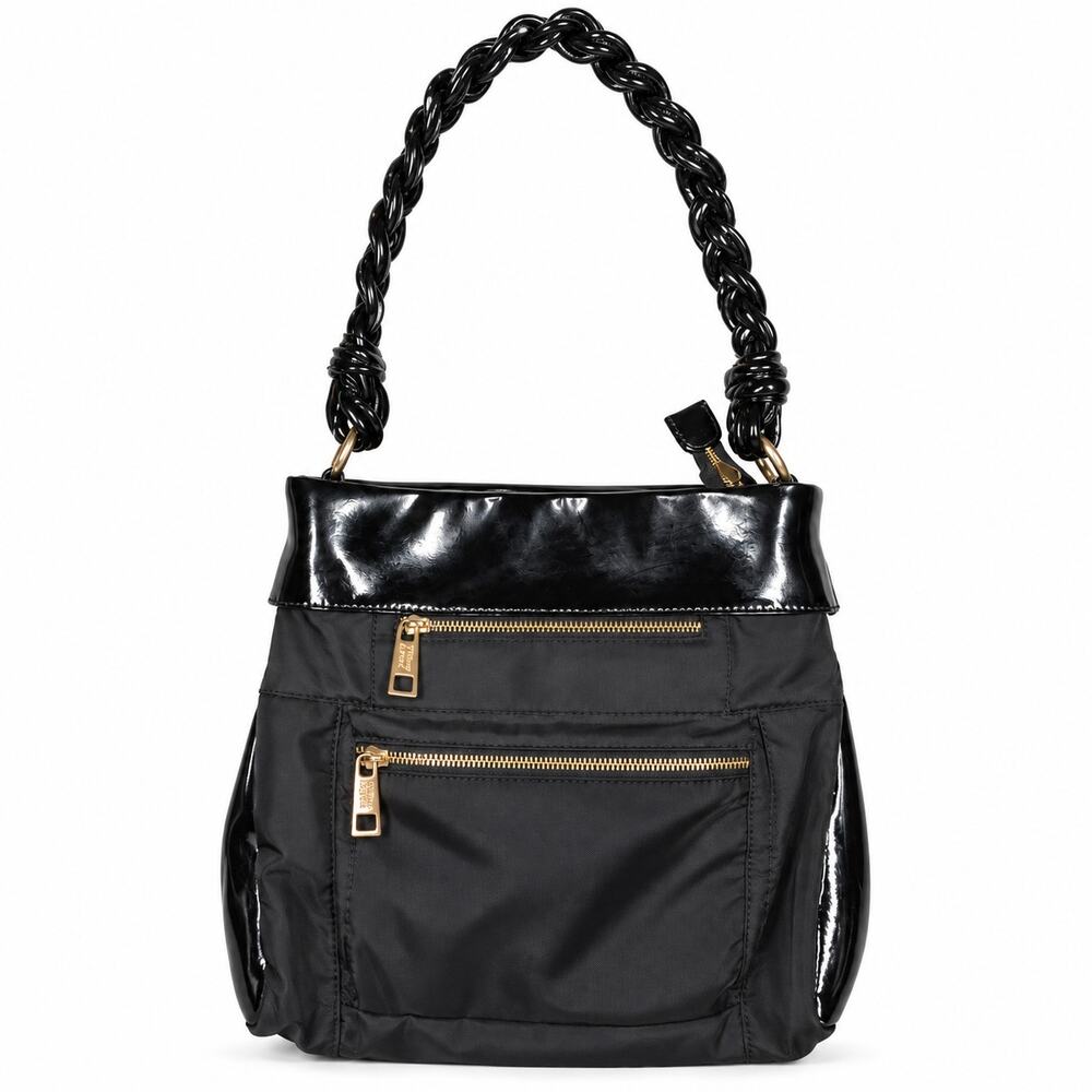 Tiffany & Fred Nylon Shoulder Bag Black Patent Braided Strap Medium Multi Pocket